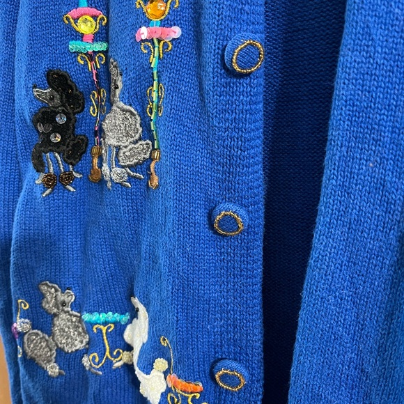 Vintage Just B Embroidered Blue Poodle “Ugly” Size Medium Sweater Cardigan - Picture 9 of 12